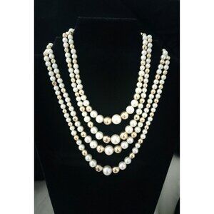Vintage Multi Strand Faux Pearl Necklace White Gold Tone Decorative Hook Clasp 1